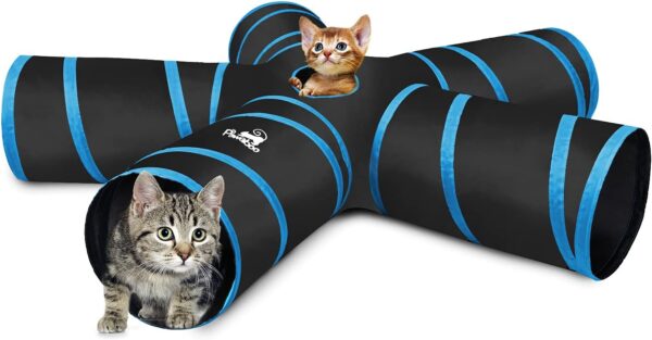 Pawaboo Cat Toys, Cat Tunnel Tube 5 Way Tunnels 25x53cm Extensible Collapsible Cat Play Tent Interactive Toy Maze Cat House with Balls and Bells for Cat Kitten Kitty Rabbit Small Animal, Blue