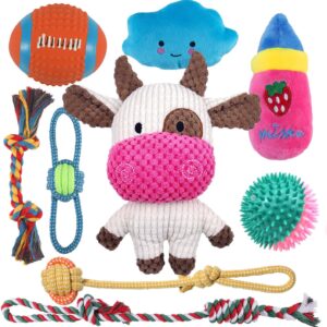 Sundrawy Dog Chew Toys for Puppy Teething Training, Stuffed Plush Squeak Toys for Small Dogs, Interactive Tug Ropes with Ball, 9 Packs Pet Toys Kit for Dental Cleaning, Birthday Gift Set