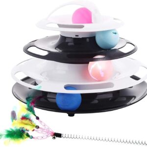 pecute Cat Roller Toy 4 Layers - More Fun with Upgraded Catnip Ball Flashing Ball and Feather Wand Cat Toy Interactive for Cats- Detachable Sturdy Anti-Skid (Balck+White)