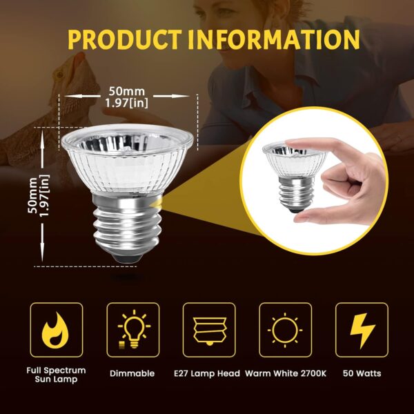 Bonlux E27 Reptile Heating Bulb, UVA UVB Bulb Tortoise 50W Basking Bulb, Turtle Tank Light Bulb, Vivarium Heat Lamp for Bearded Dragon, Lizard, Gecko, Ball Python (Dimmable, Pack of 2) - Image 6