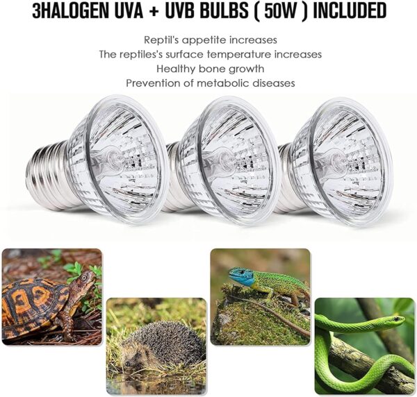 Songerduo Tortoise Heat Lamp, 3 Bulbs UVA/UVB 50W Heat Spotlight, 360° Rotatable Basking Light Heat Spotlight Pet Heating Light Lamp for Aquarium Reptile Lizards Turtle Snakes - Image 6