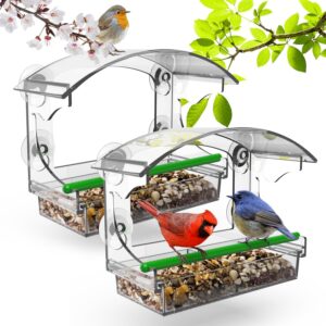 2 Pack Window Bird Feeder with 4 Strong Suction Cups and Detachable Seed Tray - Sturdy and Durable Acrylic Clear Window Bird Feeder for Outside, Wild Bird Watching Gift Window Bird Feeders for Viewing