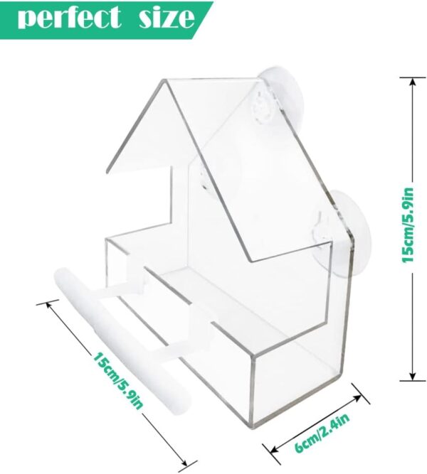 WLLKOO Window Bird Feeder, Bird House for Outside with 2 Rod, Small Acrylic Window Bird Feeder with Strong Suction Cups and Drain Holes 5.9 * 2.4 * 5.9 in - Image 2