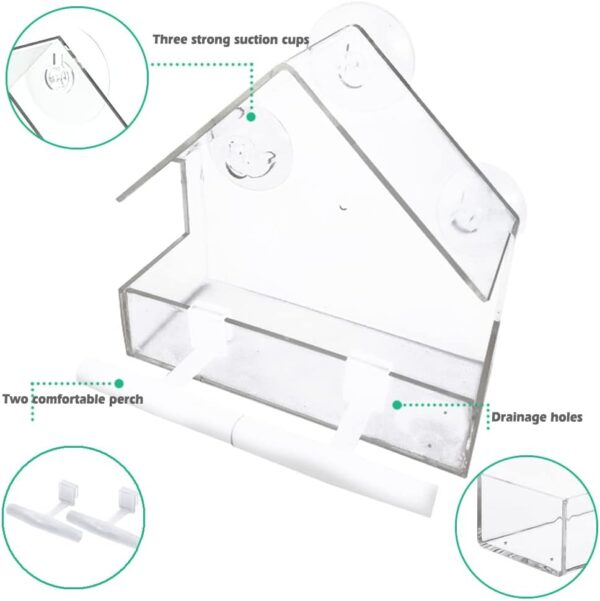 WLLKOO Window Bird Feeder, Bird House for Outside with 2 Rod, Small Acrylic Window Bird Feeder with Strong Suction Cups and Drain Holes 5.9 * 2.4 * 5.9 in - Image 4