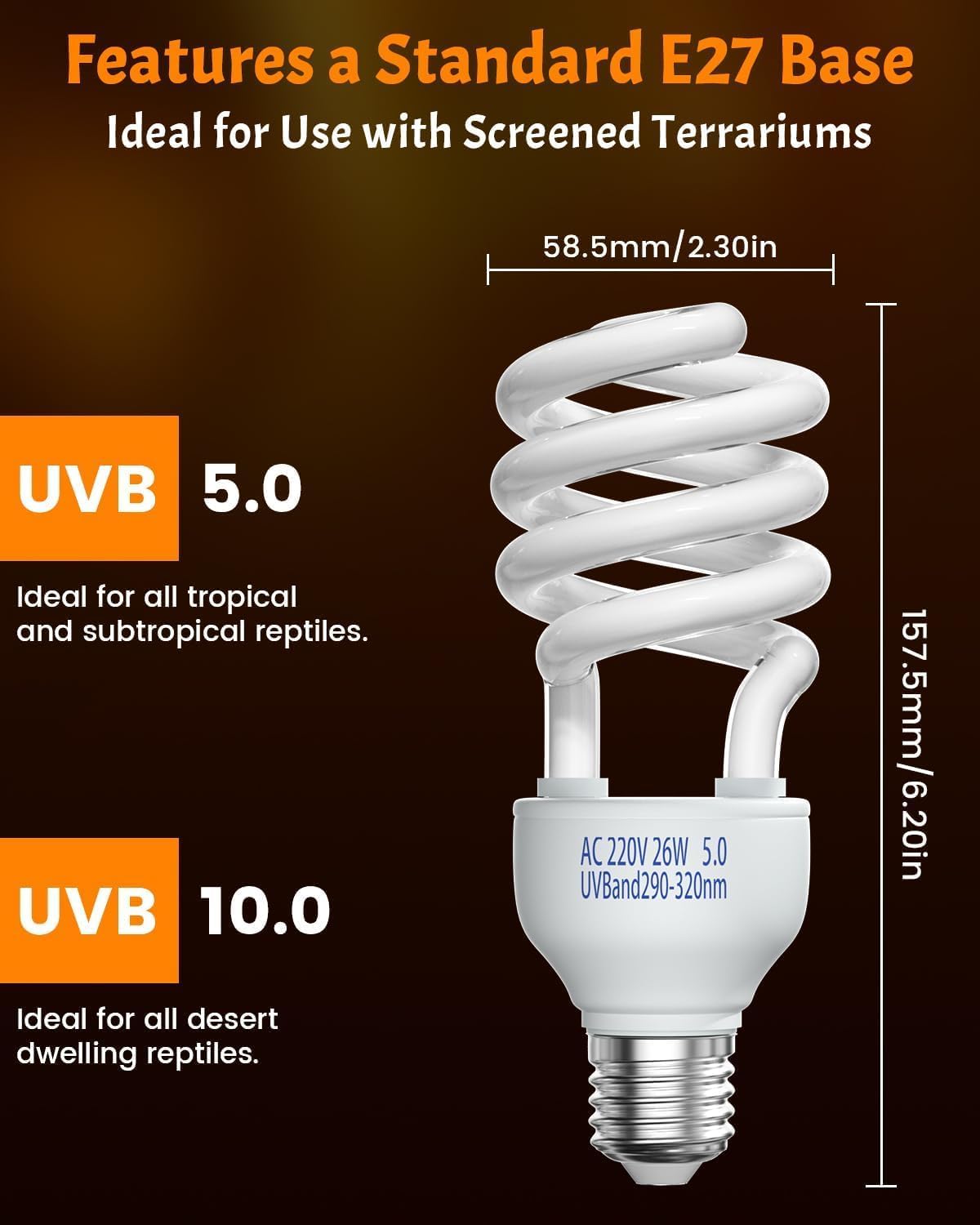 DoRight 5.0 UVB Bulb Reptile 26W, E27 UVA UVB Tortoise Fluorescent Light Bulb AC 220-240V UVB Tropical Terrarium Lamp for Rainforest Reptiles Chameleon Lizard Snake Pet Vivarium Turtle Tank (1-Pack) - Image 7