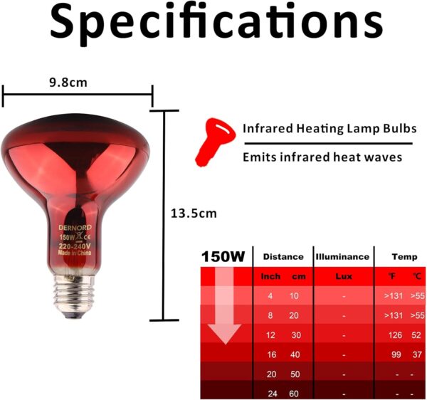 DERNORD Infrared Heat Lamp for Reptiles - 150W Red Basking Spot Bulb Night Heat Lamp for Tortoise Chameleon Puppy Bearded Dragon Poultry Vivarium Terrarium 2 Pack - Image 2