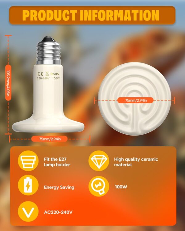 Bonlux Reptile Heat Bulb 100W, Ceramic Heat Emitter, E27 Basking Spot Heat Lamp, Infrared Ceramic Heat Bulbs White 220V for Amphibian Reptiles/Lizards/Tortoise/Chicken, Harmless, Non-Glowing, 2pcs - Image 5