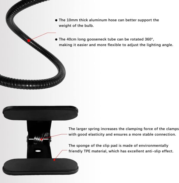 Reptile Heat Spotlight Light,Tortoise Heat Lamp,Basking Lamp with Ceramic Bulb Holder,Basking Lamp Without Bulb,E27 Clip Desk Lamp with 400mm Long Gooseneck for Aquarium,Snake, Turtle（without bulb） - Image 4