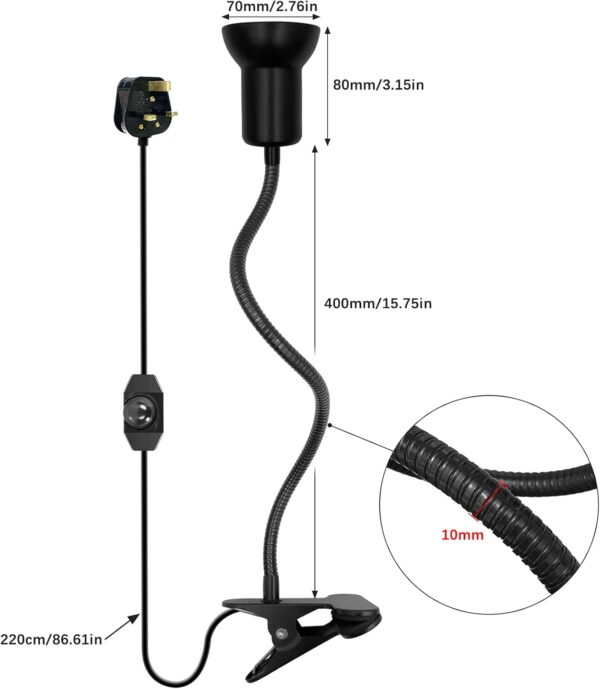 Reptile Heat Spotlight Light,Tortoise Heat Lamp,Basking Lamp with Ceramic Bulb Holder,Basking Lamp Without Bulb,E27 Clip Desk Lamp with 400mm Long Gooseneck for Aquarium,Snake, Turtle（without bulb） - Image 2