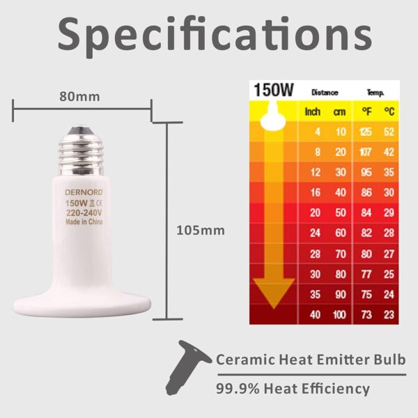DERNORD Ceramic Heat Emitter 150W - E27 Vivarium Ceramic Heat Lamp Light Bulb for Reptile Bearded Dragon Lizard Snake Outside Tortoise Brooder White - Image 4