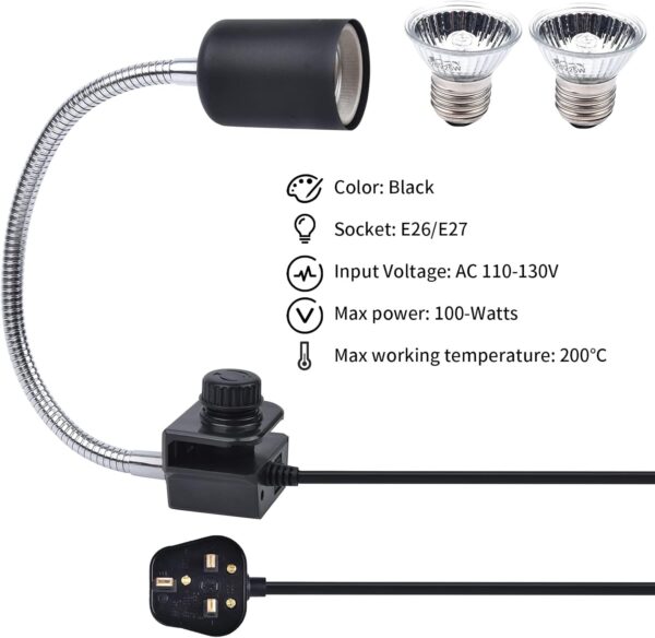 DoRight E27 Reptile Heat Lamp Holder with 2X 25W UVA UVB Heat Spotlight Bulb, E27 Lamp Base 100W MAX Tortoise Basking Lamp for Reptiles with 360° Flexible Gooseneck, Standard UK Plug - Image 6