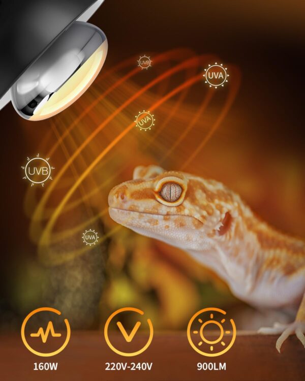 TobeBright UV D3 Basking Lamp Bulb E27 160W - UVB UVA Solar Basking Floodlight - Reptile Heat Lamp AC 220V - 240V, Provides Heat, Light and UV Bulbs, 900LM, 1 Pieces - Image 2