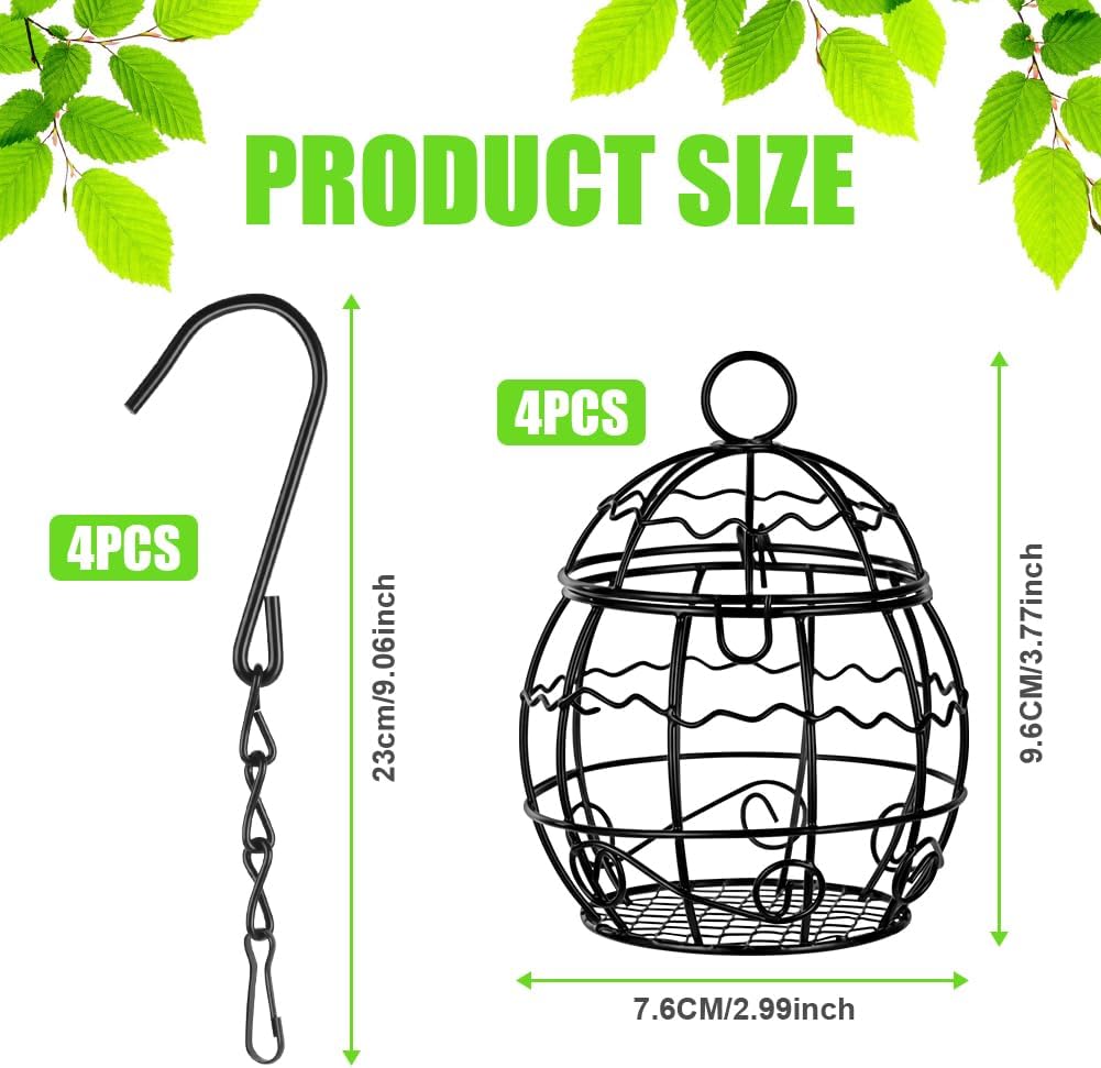OFFCUP Fat Ball Bird Feeder, 4pcs Metal Fat Ball Bird Holder, Hanging Bird Feeder Holder Spherical with 4 S-shaped hooks for Outdoor Garden Wildlife Birds Finch Sparrow Robin (Black) - Image 2