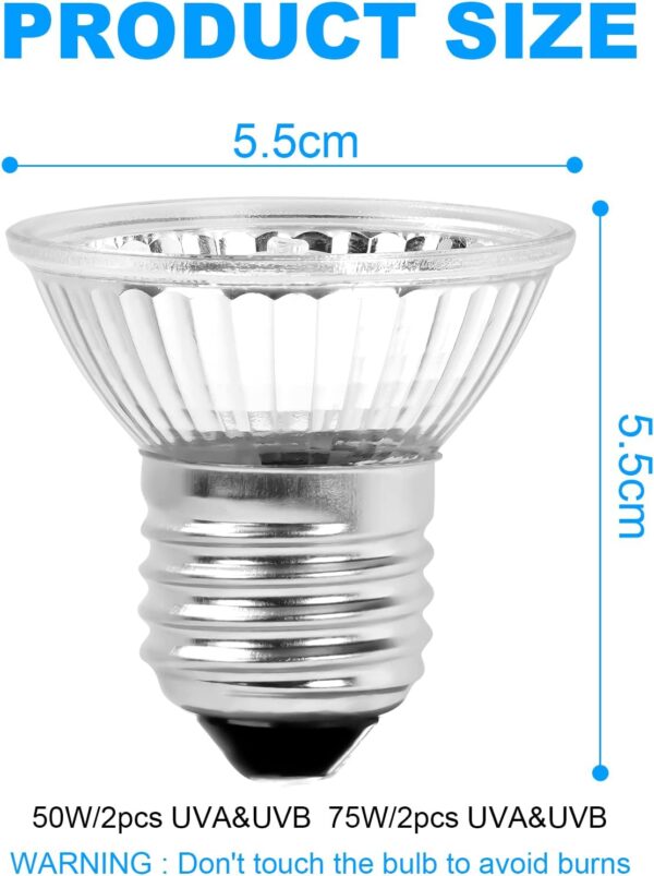 Adiwo Tortoise Heat Lamp, E27 Spiral Reptile Heating Bulb, 50W+75W UVA UVB Heat Spotlight Basking Lamp, Winter Warm Light Halogen Heated Bulb for Aquarium Reptile/Lizards/Turtle/Snakes (4Pcs) - Image 2