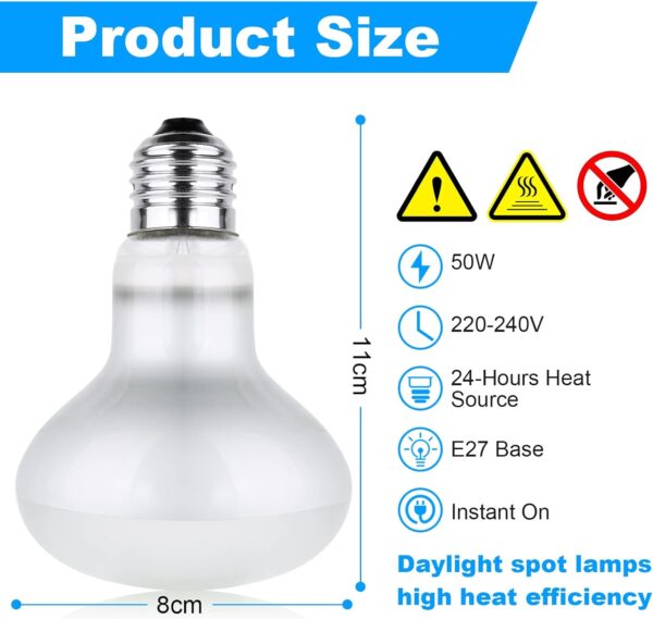 vsshe Basking Spot Lamp, 2 Pack 50W Reptile Heat Bulb, Tortoise Heat Lamp, Natural Light Basking Bulb Light Heat Lamp for Reptiles, Amphibian, Chicks, Puppies Heating Use (White) - Image 2