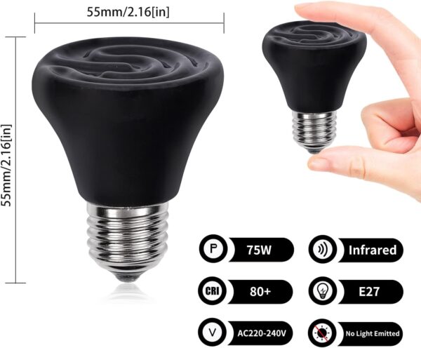Bonlux 75W Reptile Heat Lamp Bulb,E27 Black Ceramic Heat Bulb,No Light Ceramic Heat Emitter, Ceramic Heat Lamp for Tortoise, Bearded Dragon, Lizard, Chicks, Puppies, Aquarium-2Pack - Image 5