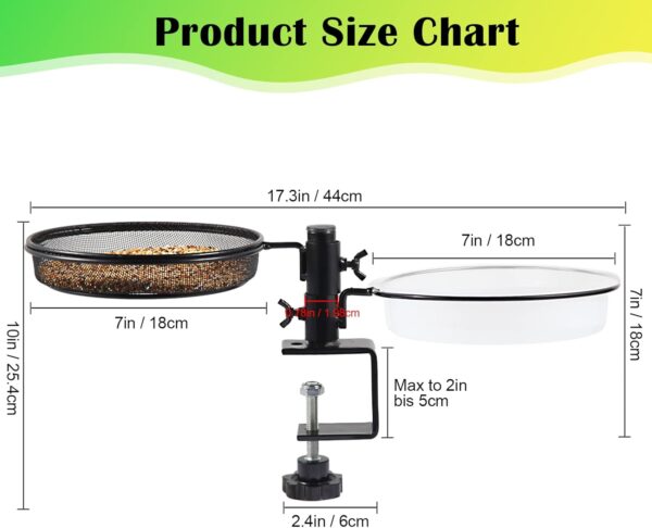 HRAYLTOP Deck Bird Feeders with Metal Mesh Tray and 2 Water Bowls - Detachable Adjustable Heavy Duty Clamp Bracket, Rail Bird Bath Balcony Porch Railing Feeder Perfect for Attracting Birds. - Image 6