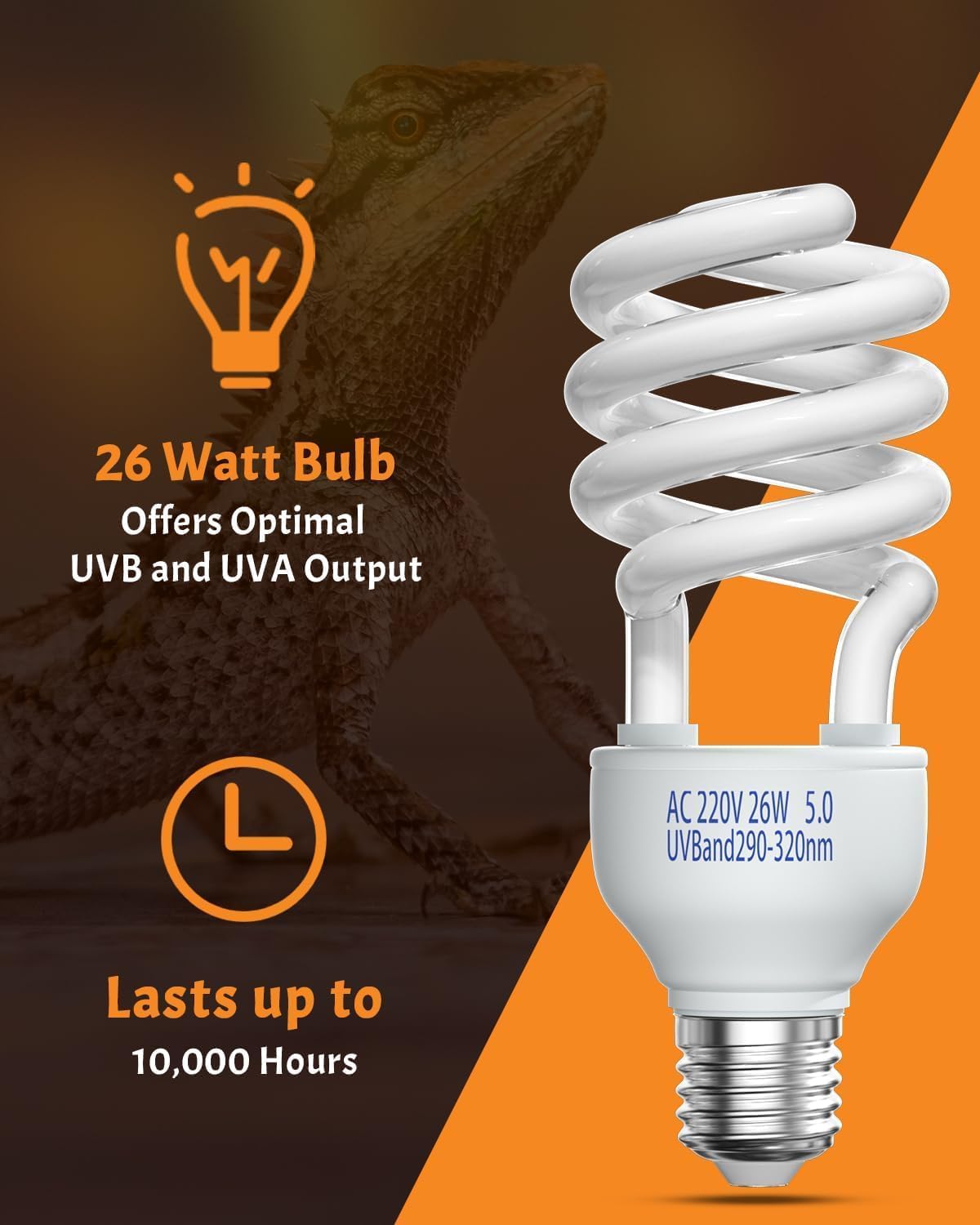 DoRight 5.0 UVB Bulb Reptile 26W, E27 UVA UVB Tortoise Fluorescent Light Bulb AC 220-240V UVB Tropical Terrarium Lamp for Rainforest Reptiles Chameleon Lizard Snake Pet Vivarium Turtle Tank (1-Pack) - Image 6