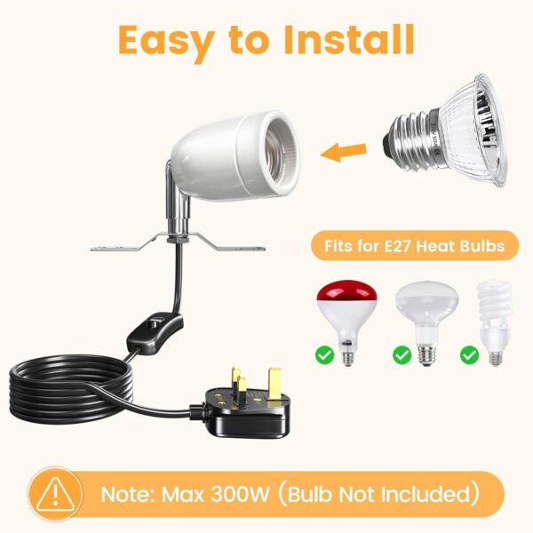 Bonlux 200W Ceramic Reptile Heat Lamp Holder, E27 Base Ceramic Heat Bulb Holder, Rotatable Reptile Light Holder with Inline ON/Off Switch for Turtle, Snake, Lizard, Dog, Chick- No Heat Bulb - Image 2