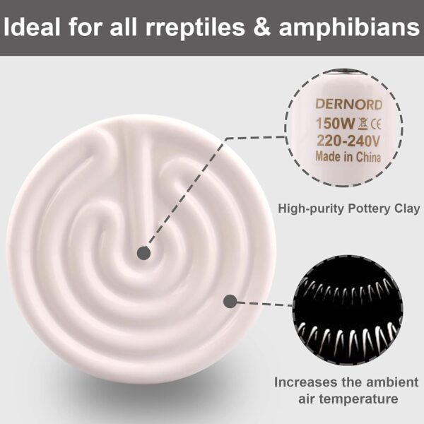 DERNORD Ceramic Heat Emitter 150W - E27 Vivarium Ceramic Heat Lamp Light Bulb for Reptile Bearded Dragon Lizard Snake Outside Tortoise Brooder White - Image 2