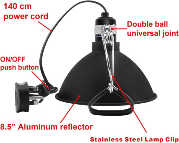 AIICIOO Reptile Bulb Holder with Clamp 8.5 Inches Terrarium Lamp Reflector in E27 Ceramic Socket for Lizard Tortoise Bearded Dragon Suitable for UVB and Heating Lamp - Image 2