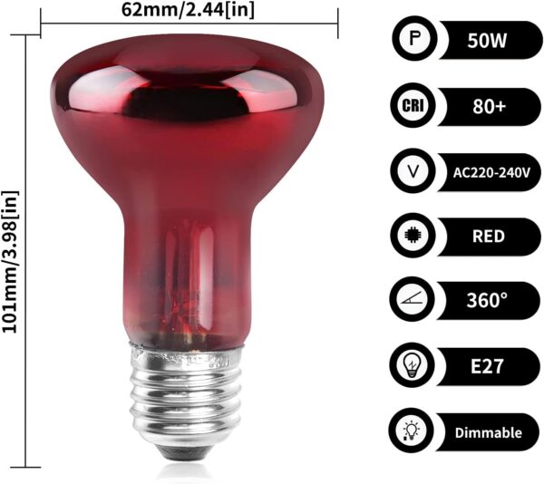 DoRight E27 Reptile Infrared Night Heating Bulb 50W Dimmable Backlight, Infrared Heat Lamp, Basking Spot Light Bulb, for Bearded Dragon, Lizard, Tortoise, Reptiles & Amphibians - Image 7