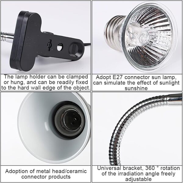 Lotvic Tortoise Heat Lamp, E27 50W Reptile Heat Lamp, Heat Spotlight Holder with 360° Adjustable Metal Gooseneck Hose, UVA UVB Basking Lamp for Aquarium, Lizard, Turtles, Snakes (2 Bulbs Included) - Image 4