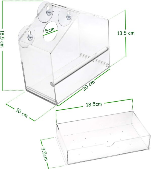 Display4top Outside Acrylic Balcony Window Bird Feeder with Drain Holes, Removable Tray, Super Strong Suction Cups,High Seed Capacity, Great Gift,Easy to Clean (20 x 18.5 x 10cm) - Image 2