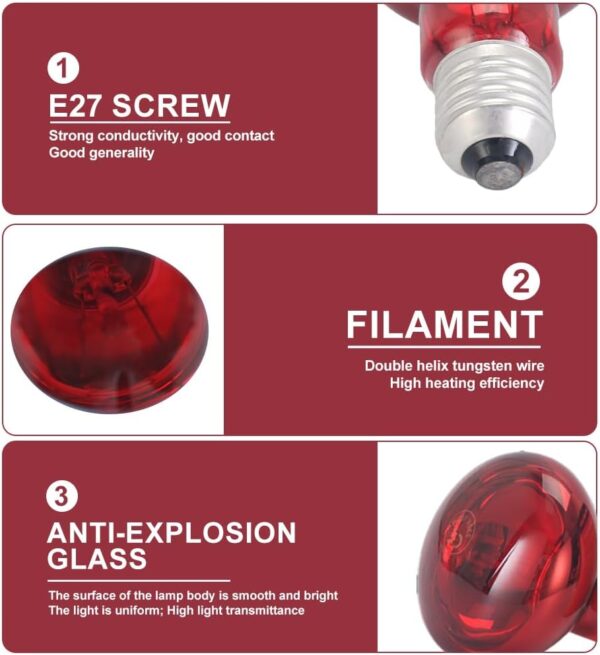 Hojalis 2 Pcs Infrared Heat Lamp Bulb, 100W Reptile Red Bulb Heat Lamp, Basking Spot Light Bulb, Tortoise Heat Lamp Bulb, Infrared Reptile Heat Lamp Bulb for Reptile, Lizard, Amphibian, Spider, Snake - Image 6