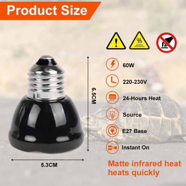 Adiwo Tortoise Heat Lamp, 60W Ceramic Heat Emitter, E27 Reptile Heat Lamp Bulb, Winter Infrared Heating Bulb, 220-230V Terrarium Reptile Heat Bulb for Reptiles/Snakes/Lizards/Turtles/Bearded Dragons - Image 2