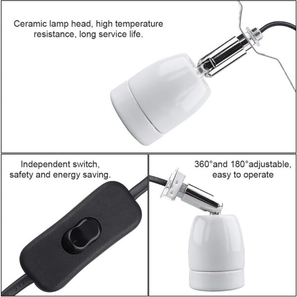 Lotvic Reptile Heat Lamp Holder, E27 200W Ceramic Bulb Holder, 360° Adjustable Pet Heater Bracket, Heat Lamp Socket with On/Off Switch, Heat Lamp Holder for Lizard Turtle Snake Reptile (No Bulbs) - Image 4
