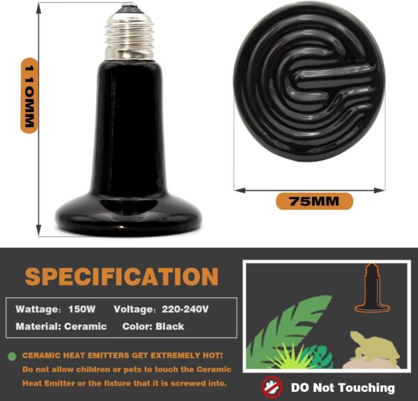 MBMYUCKY Reptile Heat Lamp Bulb - Ceramic Heat Emitter for Outside Dog House Tortoise Gecko E27 Bulb for Poultry Hamster Hedgehoge Bird Cage Heater (150Watt 2Pack) - Image 2