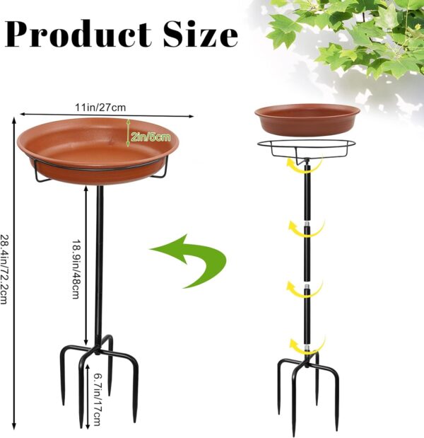 28In Freestanding Birdbaths Bowl Outdoor, Free Standing Garden Bird Bath Bird Feeder Bowl with Metal Stake, Detachable Decoration Spa Birdfeeder for Garden Patio Yard Lawn, 4 Spiky Feet (Brown) - Image 2