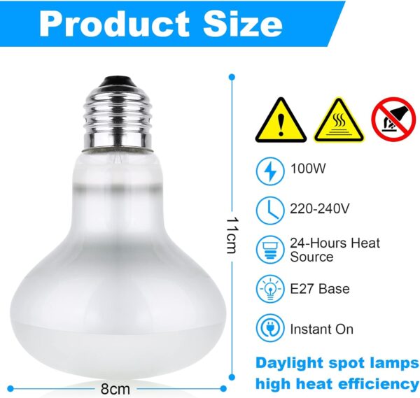 Adiwo Basking Spot Lamp, 2 Pack 100W Reptile Heat Bulb, Tortoise Heat Lamp, Natural Light Basking Bulb Light Heat Lamp for Reptiles, Amphibian, Chicks, Puppies Heating Use (White) - Image 2