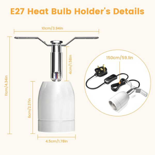 Bonlux 200W Ceramic Reptile Heat Lamp Holder, E27 Base Ceramic Heat Bulb Holder, Rotatable Reptile Light Holder with Inline ON/Off Switch for Turtle, Snake, Lizard, Dog, Chick- No Heat Bulb - Image 6