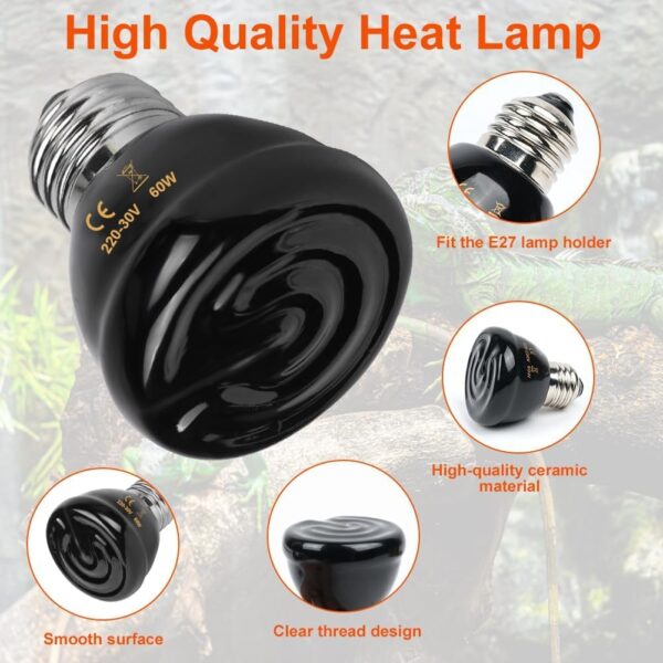 Adiwo Tortoise Heat Lamp, 60W Ceramic Heat Emitter, E27 Reptile Heat Lamp Bulb, Winter Infrared Heating Bulb, 220-230V Terrarium Reptile Heat Bulb for Reptiles/Snakes/Lizards/Turtles/Bearded Dragons - Image 3