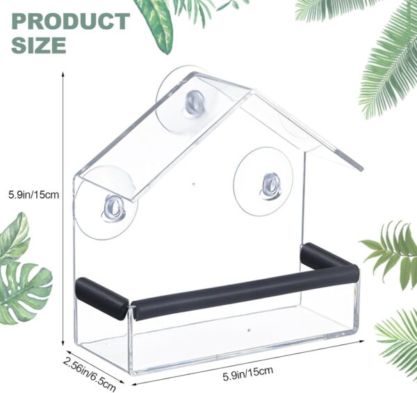 Shudyear Window Bird Feeder, Bird House for Outside with Rubber pad, Small Acrylic Window Bird Feeder with Strong Suction Cups and Drain Holes 6.2 * 2.4 * 6.2 in - Image 2
