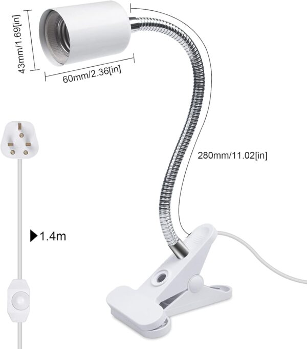 Bonlux Reptile Heat Lamp Holder, E27 Dimmable Basking Bulb Holder Flexible Clamp Lamp Fixture with Temperature Adjustable Switch & UK Plug for Pet Lizard Tortoise Aquarium (without Bulb) - Image 6