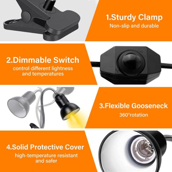 TOGETDREAM Tortoise Heat Lamp 360°Rotatable Reptile Basking Lamp with Clamp Stand 2 * 50w & 1 * 25W Basking Bulb 200W Dimmable UVB Light Reptile Kit for Aquarium Lizard Turtles Snakes Frog Spider - Image 3