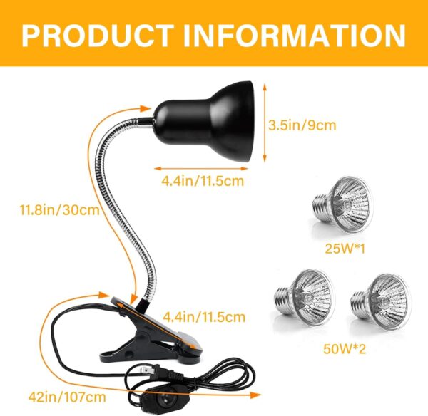 TOGETDREAM Tortoise Heat Lamp 360°Rotatable Reptile Basking Lamp with Clamp Stand 2 * 50w & 1 * 25W Basking Bulb 200W Dimmable UVB Light Reptile Kit for Aquarium Lizard Turtles Snakes Frog Spider - Image 7