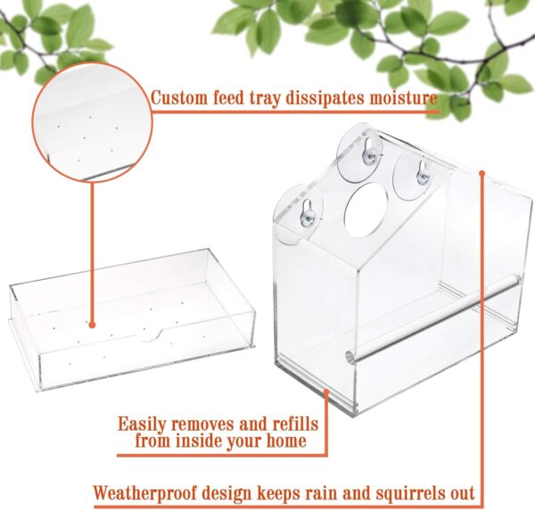 Display4top Outside Acrylic Balcony Window Bird Feeder with Drain Holes, Removable Tray, Super Strong Suction Cups,High Seed Capacity, Great Gift,Easy to Clean (20 x 18.5 x 10cm) - Image 4
