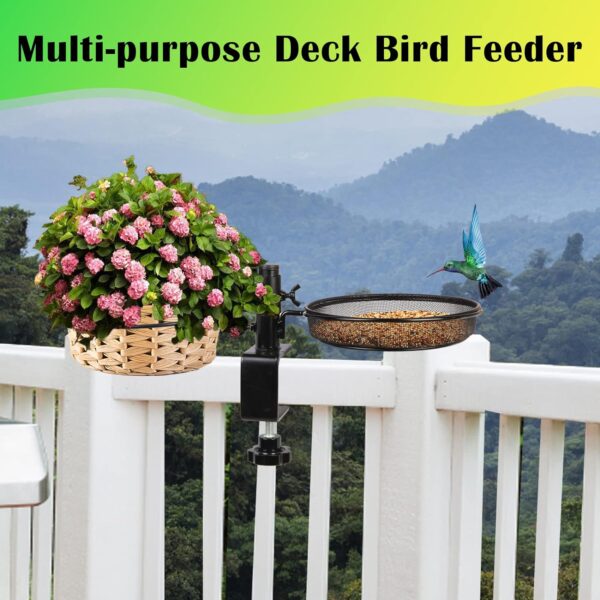 HRAYLTOP Deck Bird Feeders with Metal Mesh Tray and 2 Water Bowls - Detachable Adjustable Heavy Duty Clamp Bracket, Rail Bird Bath Balcony Porch Railing Feeder Perfect for Attracting Birds. - Image 4