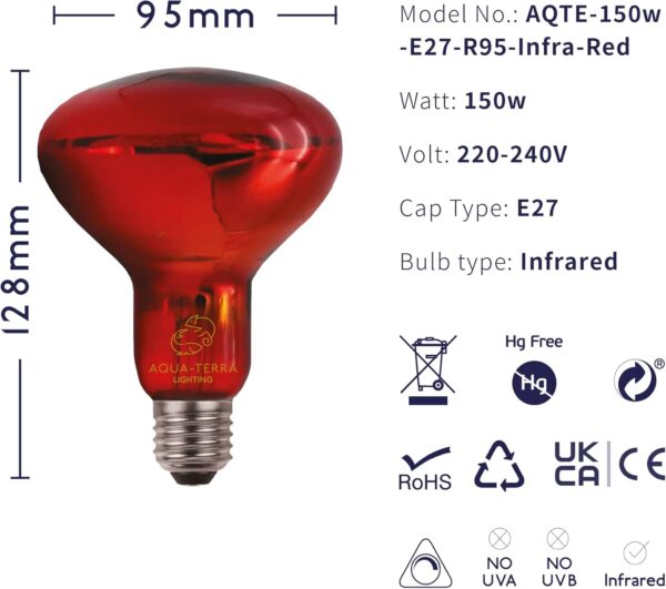 Aqua-Terra Lighting 150w Infrared Basking Heat Lamp for Reptiles, Amphibians and Invertebrates– R95 Spotlight Bulb with E27 Standard Screw Base Suitable for Vivarium Heating - Image 2