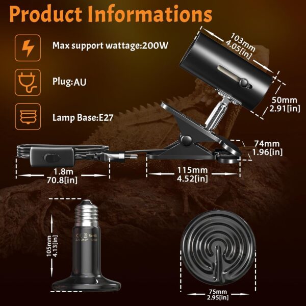 Bonlux Reptile Tortoise Heat Lamp with 100W Terrarium Reptile Heat Bulb E27 Basking Lamp Adjustable Holder with Clip Pet Ceramic Infrared Heat Lamp Bulb for Lizards, Tortoise, Snake, Chicken, Puppies - Image 6
