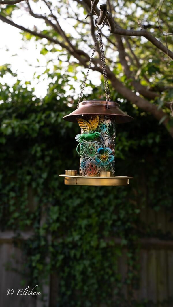 ELISHAN Solar Bird Feeder for Outdoors Hanging, Metal Wild Bird Feeder, Solar Garden Lantern, Garden Ornament, Gift Ideas for Bird Lovers, Heavy Duty Weather Resistance Birdfeeders - Image 5