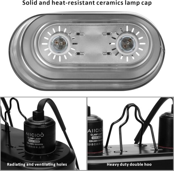 AIICIOO Dual Reptile Light Fixture Deep Dome Lamp Shade for UVB Heating Lamp Double Lamp Cap Combo Kit for Reptiles and Amphibians Montage Clip - Image 4
