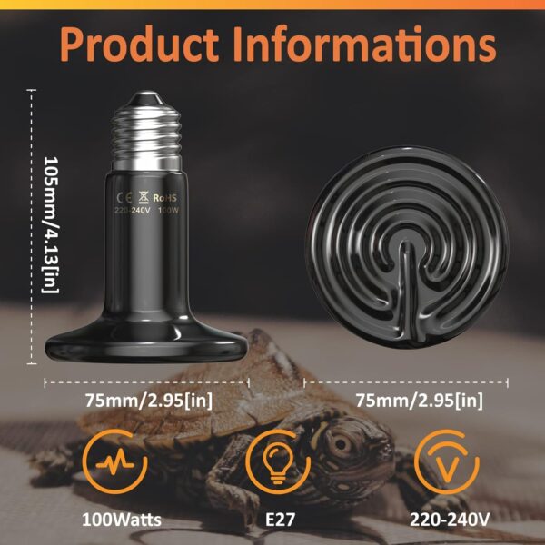 Bonlux 100W Terrarium Reptile Heat Bulb,Ceramic Heat Emitter, No Light E27 Black Ceramic Heat Lamp Pet Ceramic Heat Bulb for Reptiles/Lizards/Tortoise/Snakes/Chicken/Dog, 2 Pack - Image 7