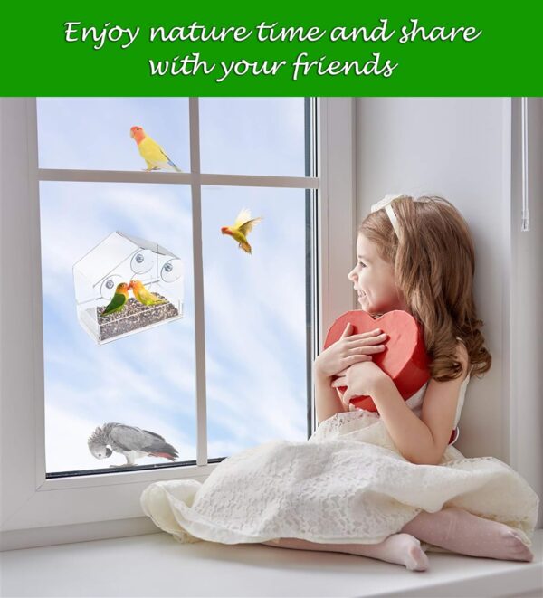 Display4top Outside Acrylic Balcony Window Bird Feeder with Drain Holes, Removable Tray, Super Strong Suction Cups,High Seed Capacity, Great Gift,Easy to Clean (20 x 18.5 x 10cm) - Image 7