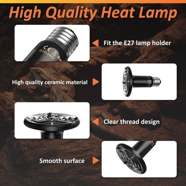 Bonlux 2Pack 100W Reptile Heat Lamp Bulb, E27 Black Ceramic Heat Bulb, No Light, No Harm, Ceramic Heat Emitter, Ceramic Heat Lamp for Reptiles/Lizards/Tortoise/Chicken - Image 5