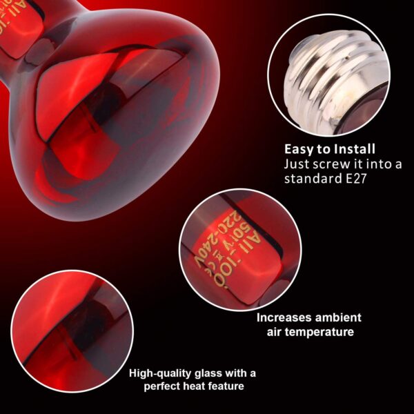 AIICIOO Infrared Heating Bulb Tortoise Red Heat Lamp Bulb Basking Bulb 50W for Lizard, Spider, Frog, Snake, Bearded Dragon2pack Red - Image 3